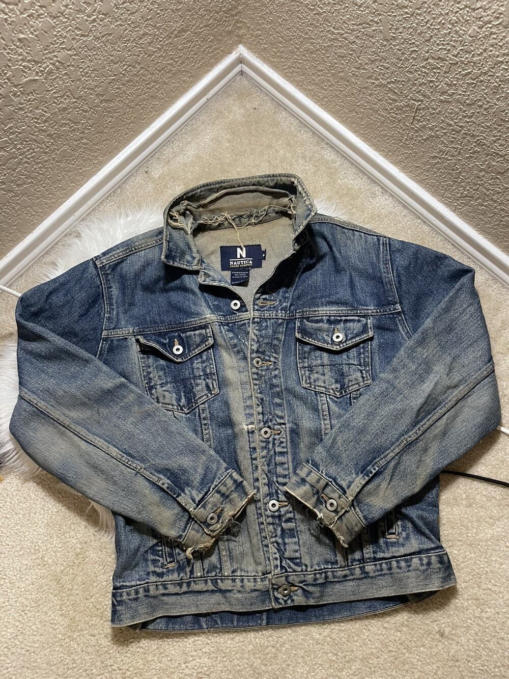 VTG Nautica Jeans Company Men's Blue Jean Harrington Grunge Jacket Button Front